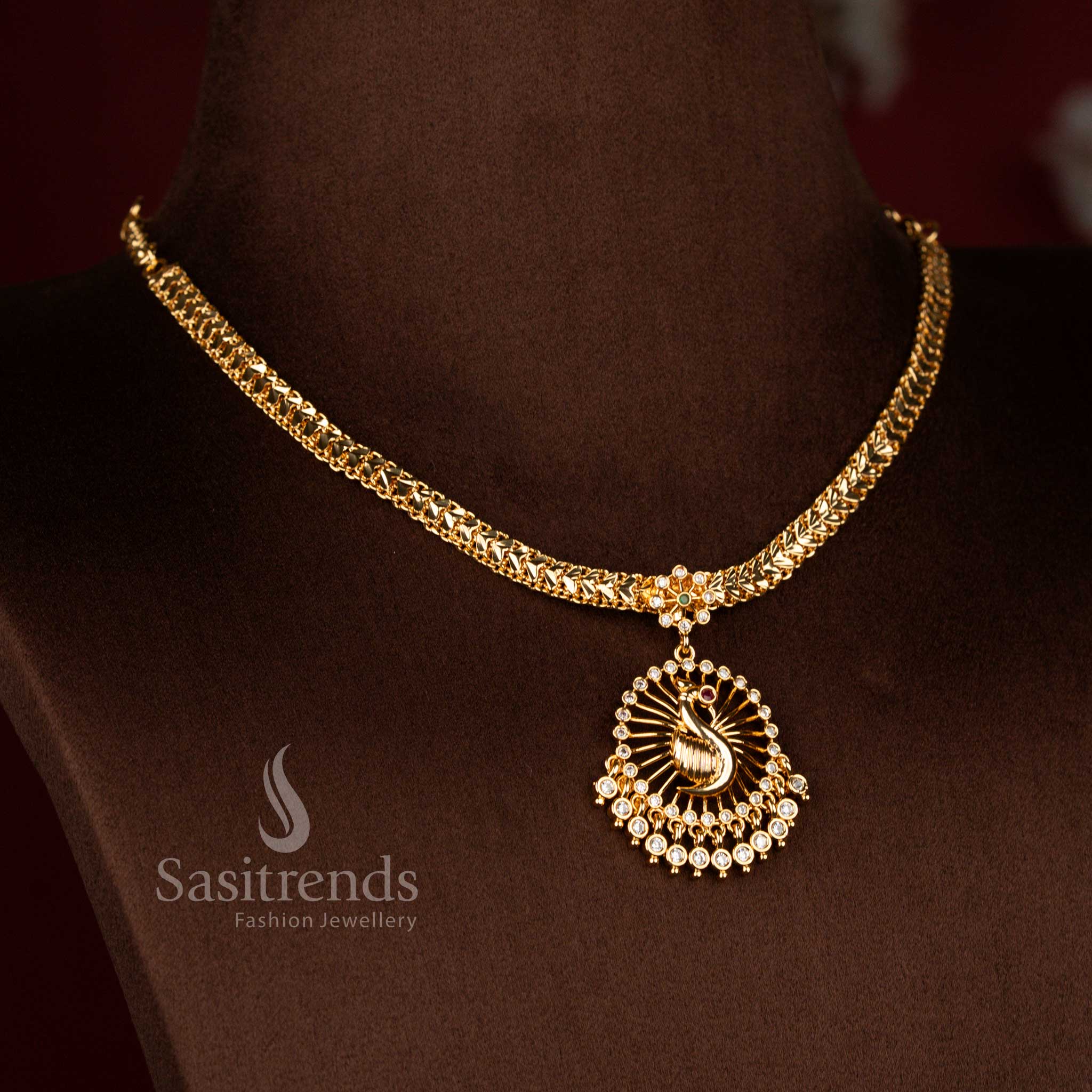 Traditional impon addigai one gram micro gold plated white ruby AD stone peacock pendant necklace set - Sasitrends