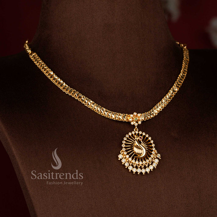 Traditional impon addigai one gram micro gold plated white ruby AD stone peacock pendant necklace set - Sasitrends