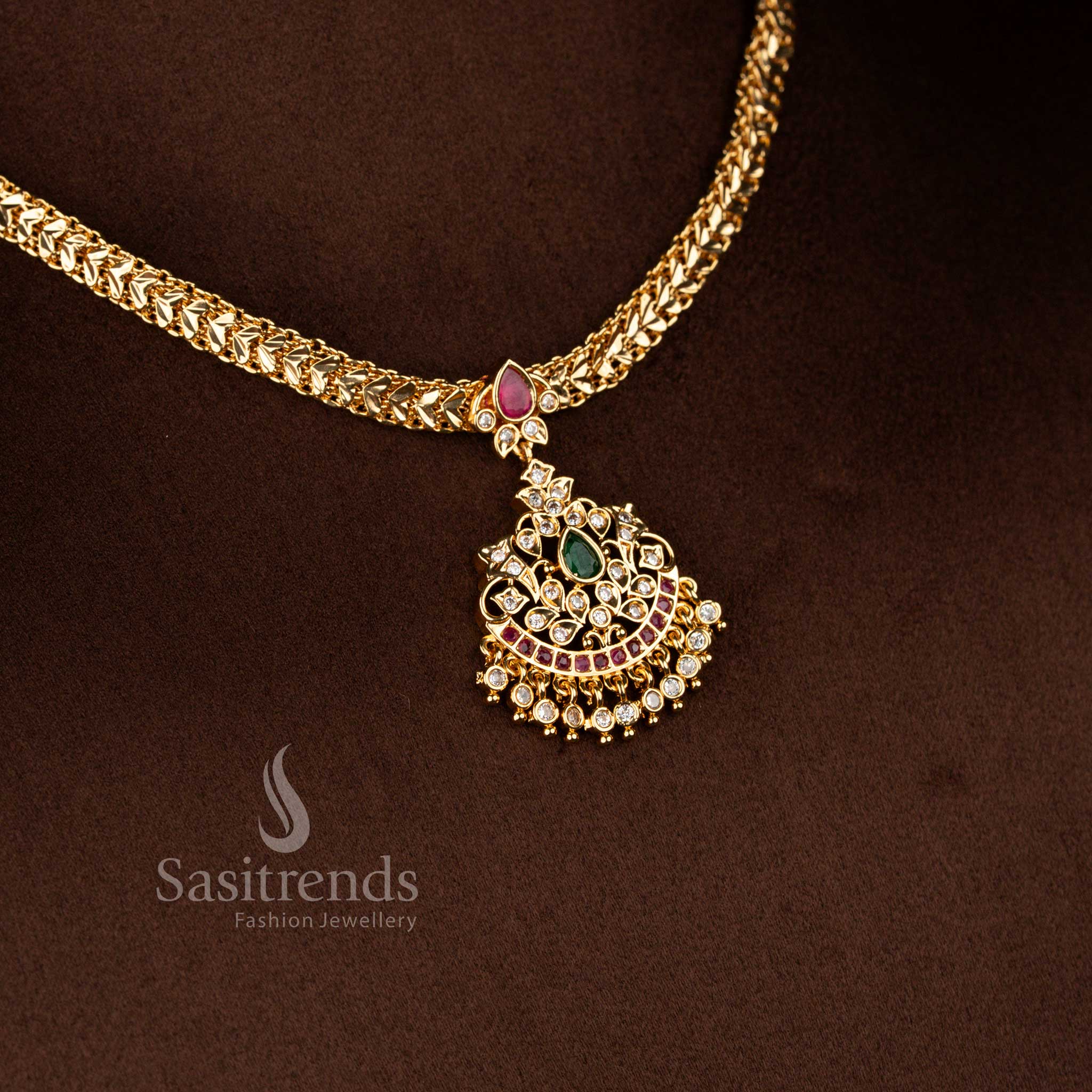 Traditional impon addigai one gram micro gold plated white ruby green AD stone floral teardrop pendant necklace set - Sasitrends