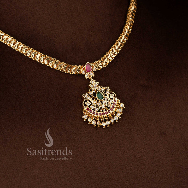 Traditional impon addigai one gram micro gold plated white ruby green AD stone floral teardrop pendant necklace set - Sasitrends