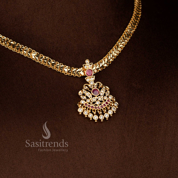Traditional real gold look impon addigai bridal wear micro gold plated white ruby AD stone floral pendant necklace set - Sasitrends