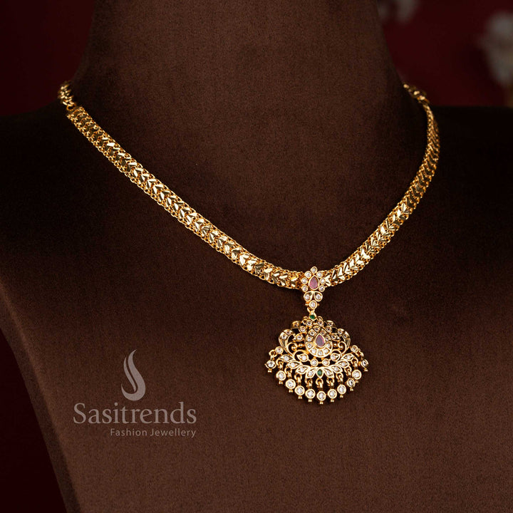 Traditional real gold look impon addigai bridal wear micro gold plated white ruby green AD stone floral teardrop motif pendant necklace set - Sasitrends