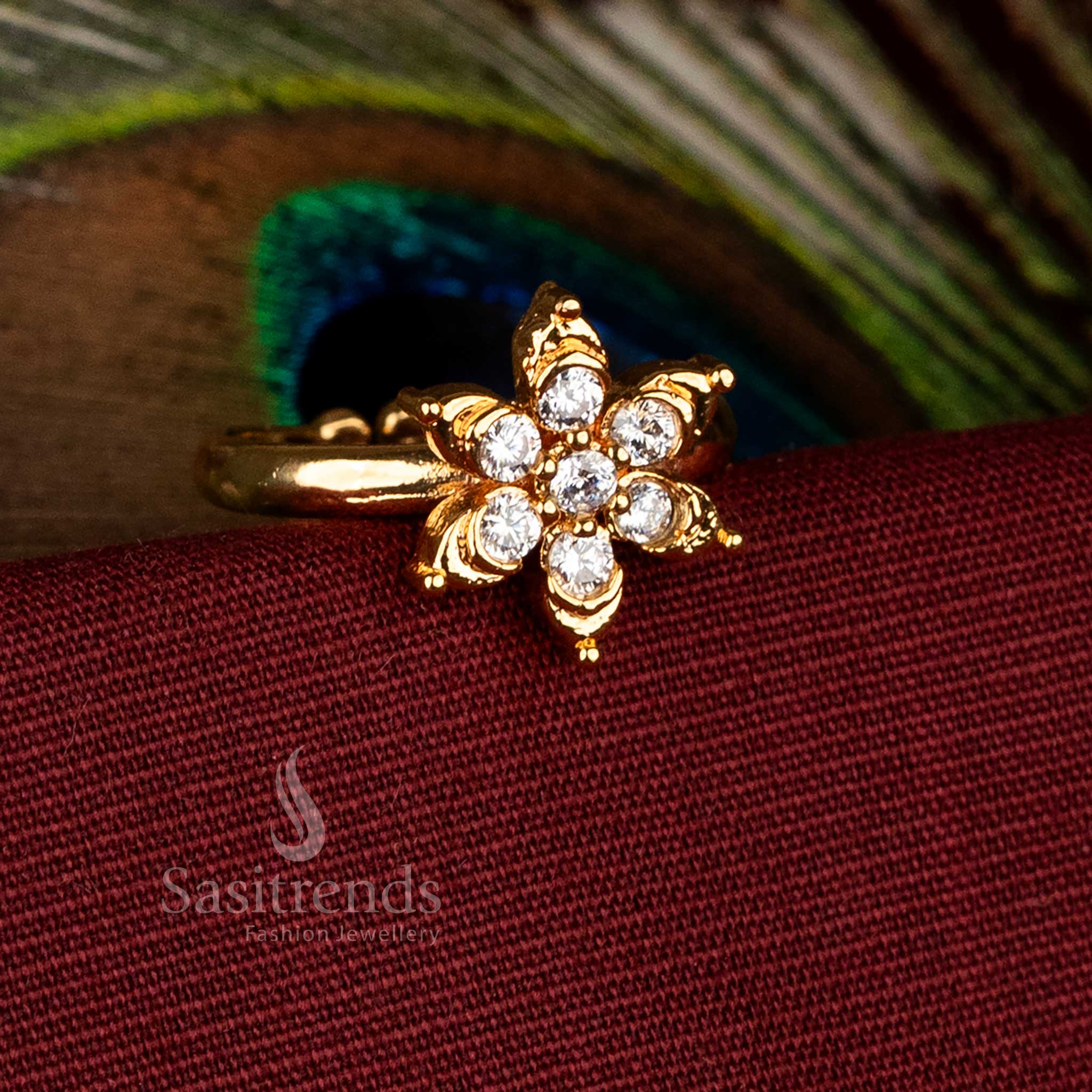 Guaranteed white Impon Addigai micro gold plated adjustable Panchaloha ring with shimmering white AD stones ideal for cultural occasions and festive attire – Sasitrends