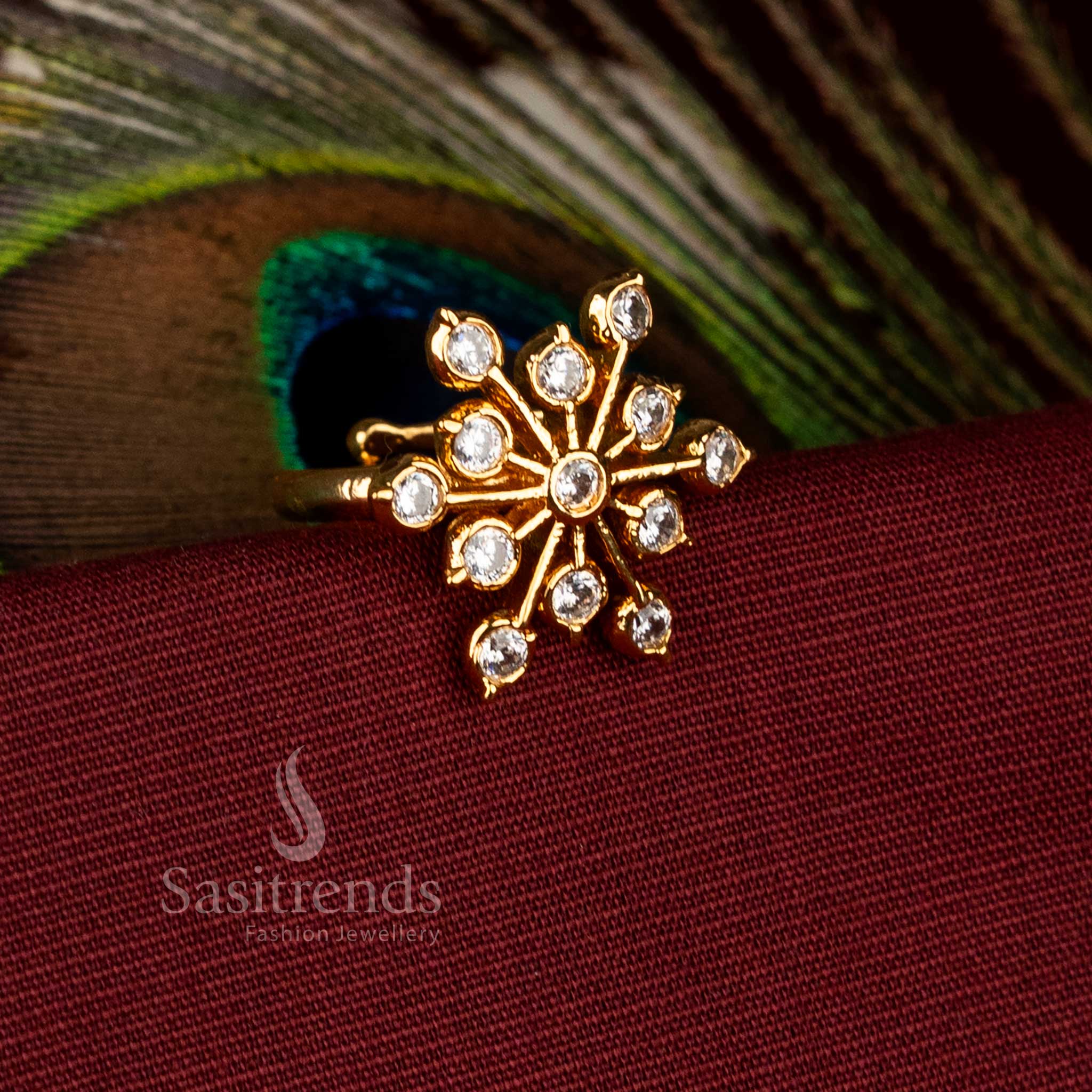 Guaranteed Impon Addigai one gram micro gold plated snowflake adjustable Panchaloha ring with shimmering white AD stones ideal for cultural occasions and festive attire – Sasitrends