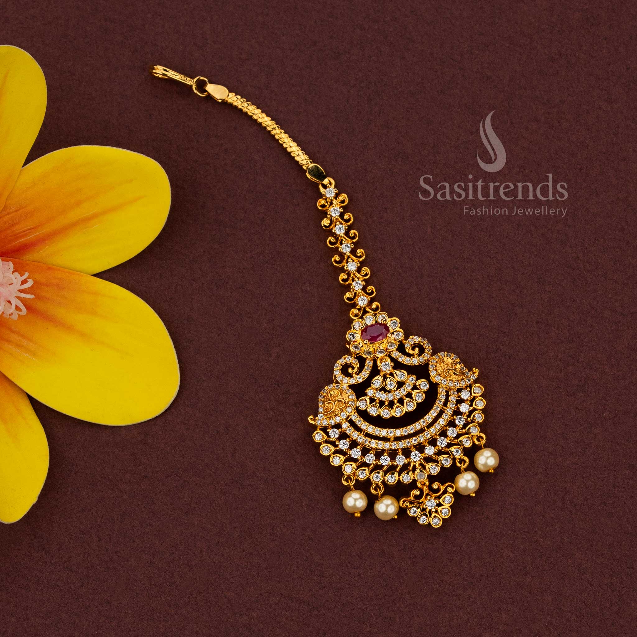 Traditional Micro Gold Plated Chandbali Maang Tikka with Paisley motifs and pearl drops Sasitrends