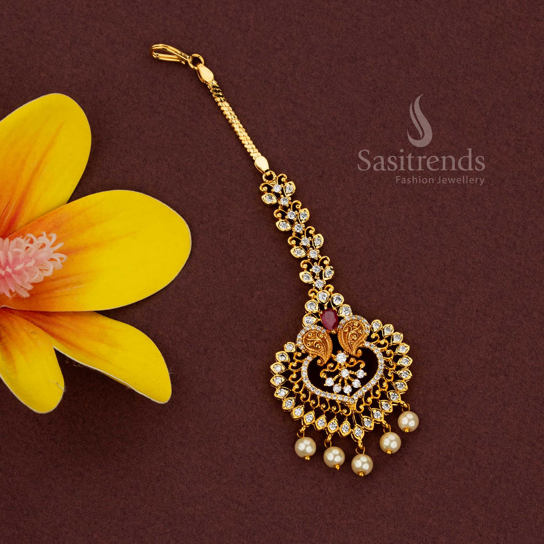 Elegant micro gold plated Heart-Shaped Maang Tikka with filigree scrollwork and pearls for devotional styling Sasitrends