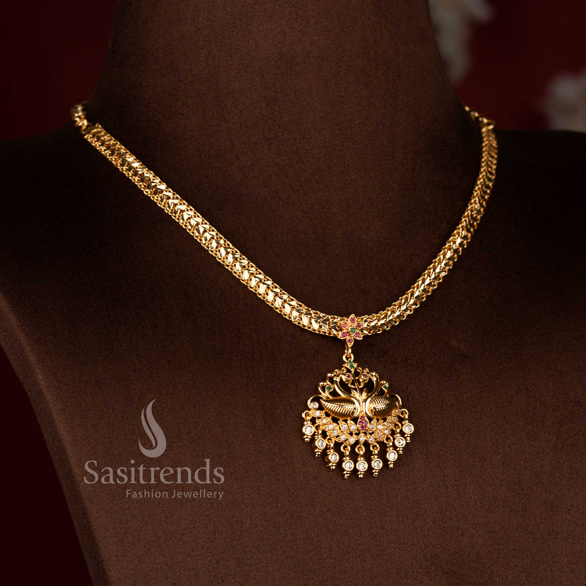 Traditional bridal festive wear impon addigai real gold look micro gold plated white ruby green AD stone floral dual peacock motif pendant necklace set - Sasitrends