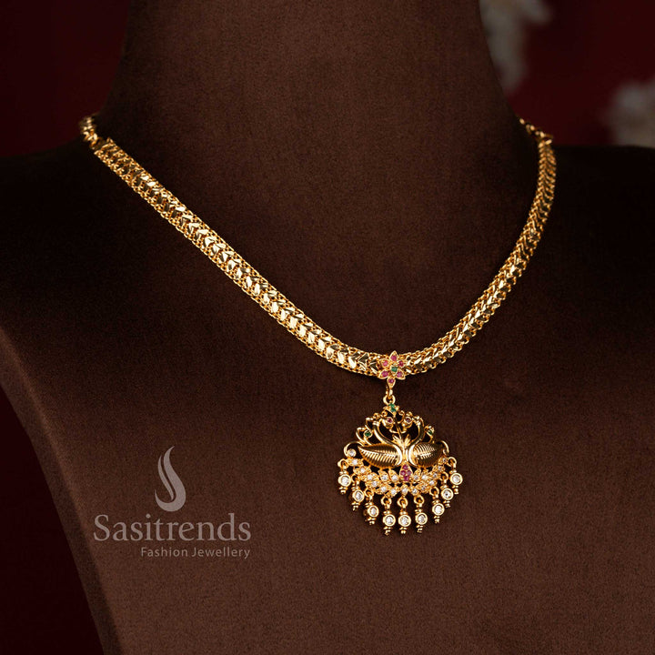 Traditional bridal festive wear impon addigai real gold look micro gold plated white ruby green AD stone floral dual peacock motif pendant necklace set - Sasitrends