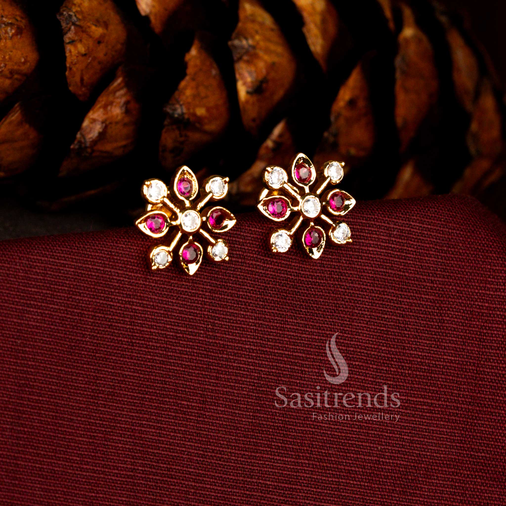 Exquisite Guaranteed Micro Gold Plated Impon white ruby AD Floral Petal Cluster Stud Earrings for Traditional Wear