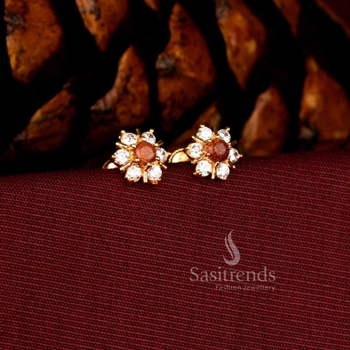 Elegant Guaranteed Micro Gold Plated AD Six/Hexagonal Round Floral Halo Earrings – 24K Gold Finish