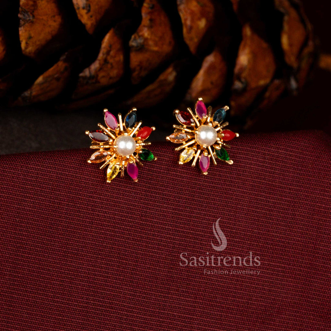 Guaranteed micro gold plated AD sunburst floral teardrop earrings with 24K gold finish - Sasitrends