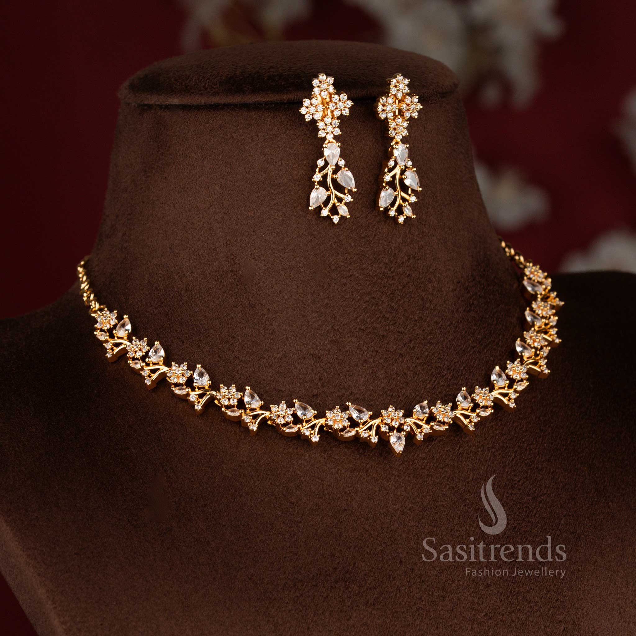 Majestic micro gold plated American diamond floral vine necklace set in white tone suited for weddings and grand occasions – Sasitrends