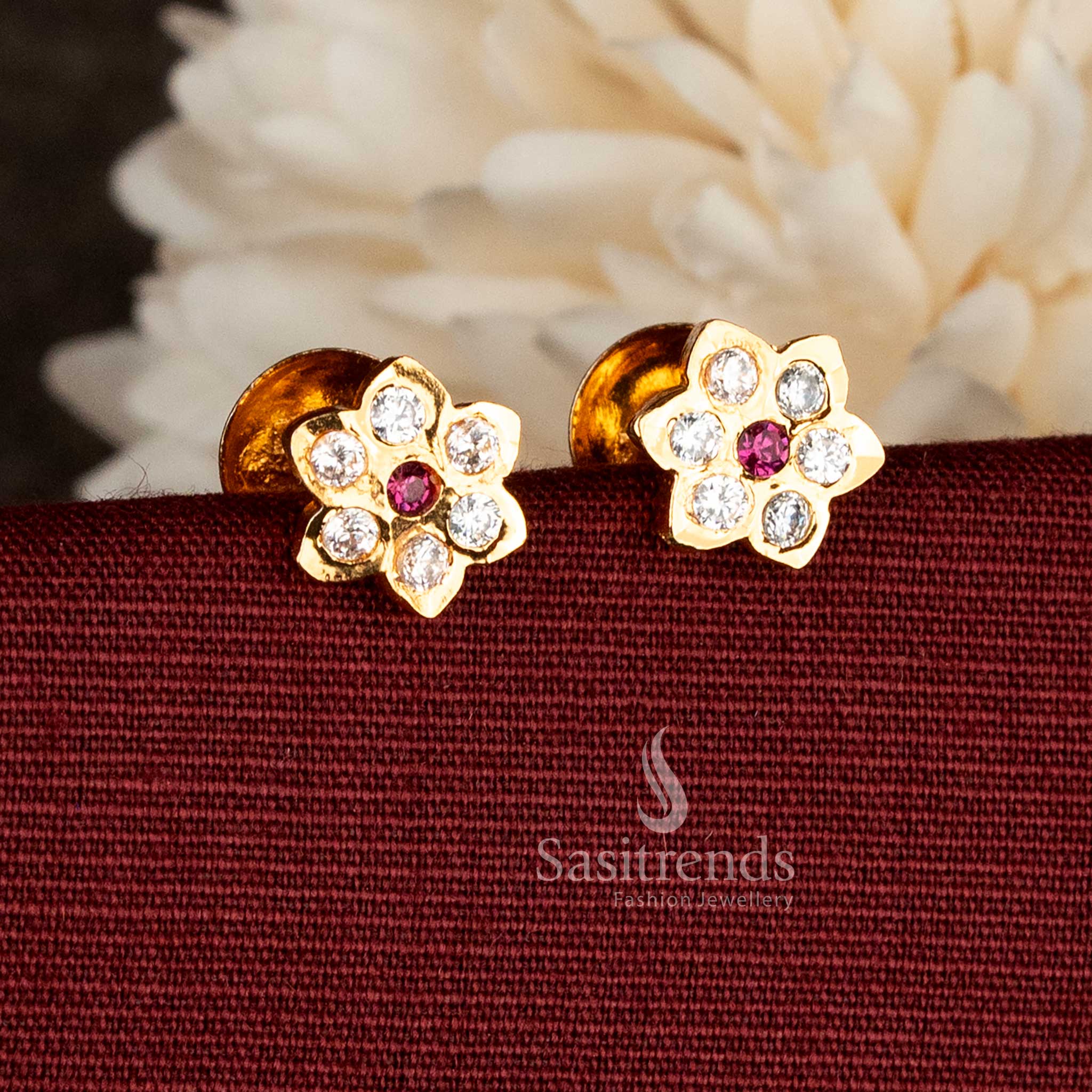 Guaranteed micro gold plated floral screw-type stud earrings with AD stones – Sasitrends