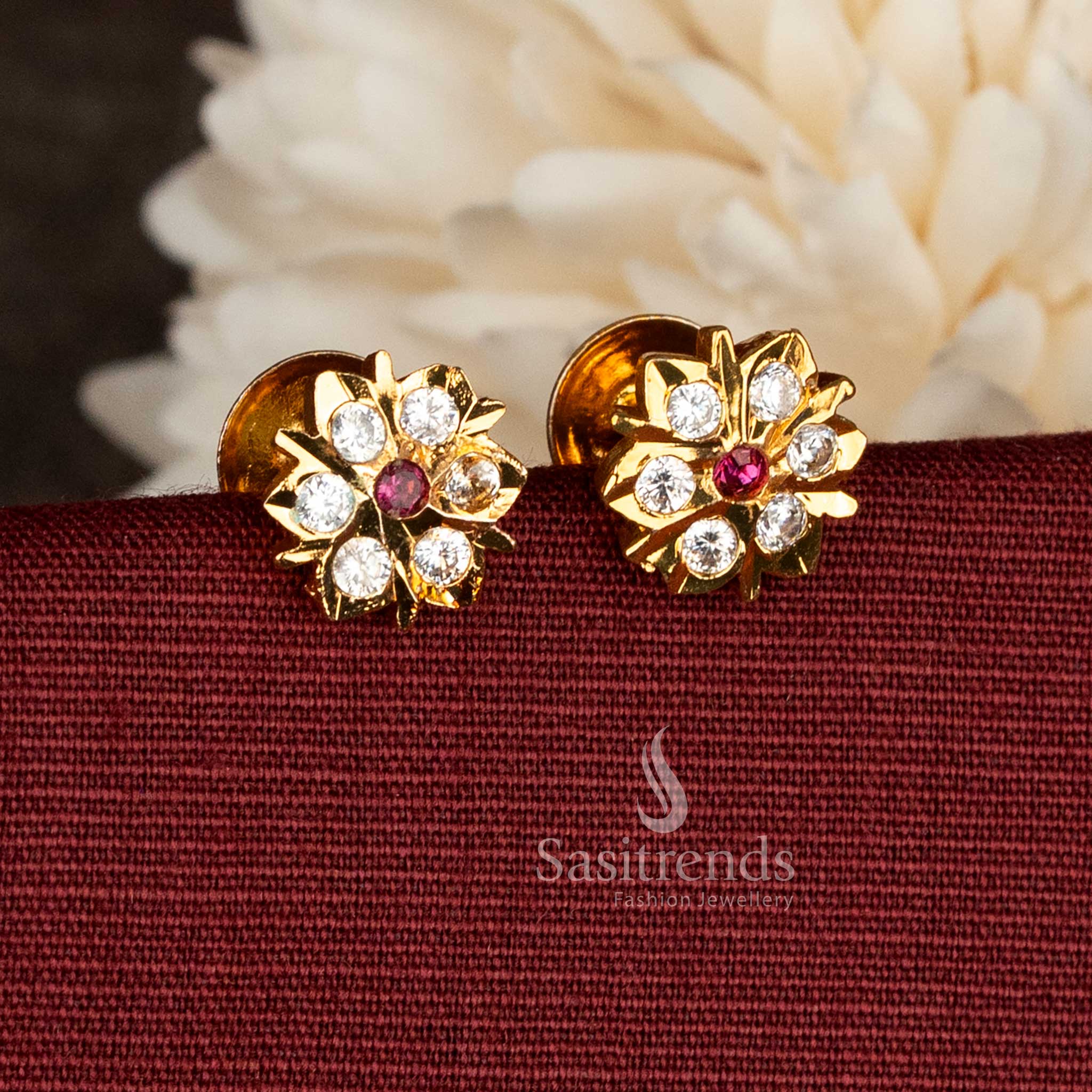 Guaranteed micro gold plated floral screw-type stud earrings with AD stones – Sasitrends