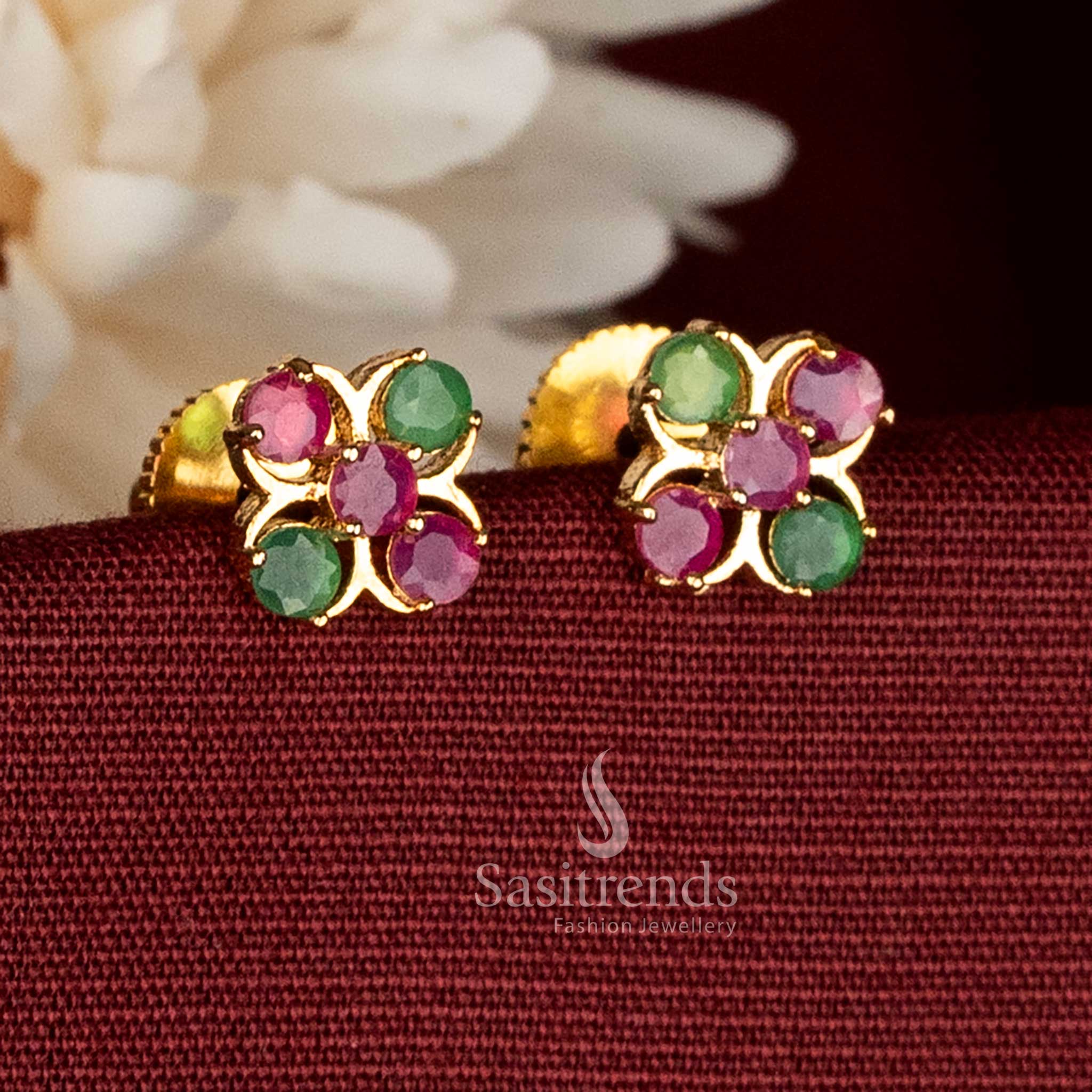 Real gold look traditonal Micro gold plated four-petal floral ruby green AD stud earrings – Sasitrends