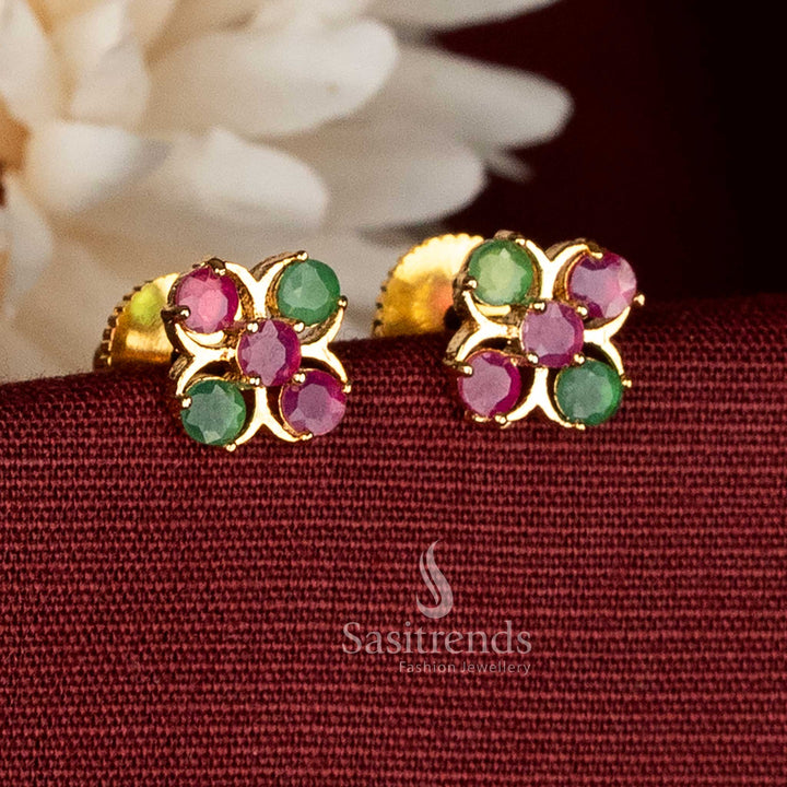 Guaranteed 24K Micro Gold Plated AD Four-Petal Floral Stud Earrings for Saree, Ethnic & Casual Traditional Styling