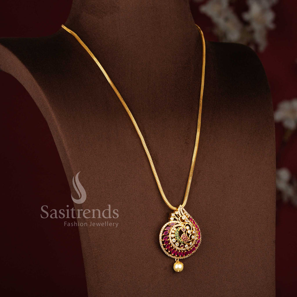 Festive wear micro gold plated peacock pendant chain necklace accented with American diamond stones in colourful multi tone styling – Sasitrends