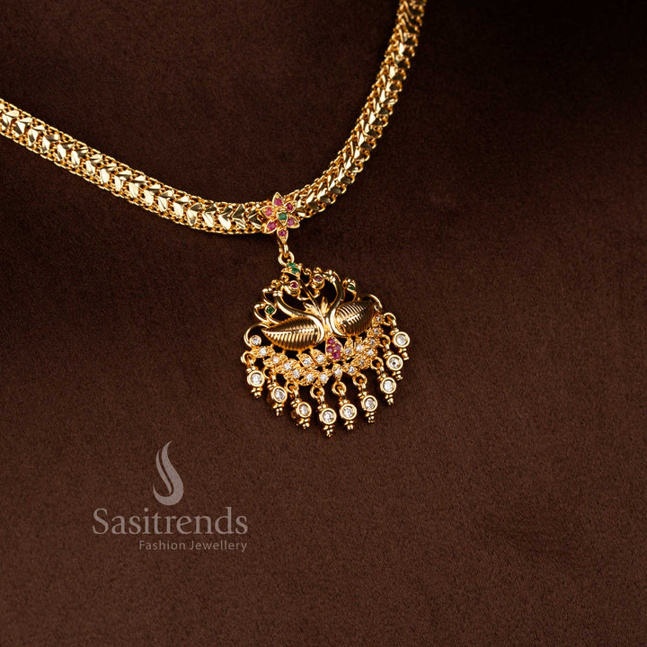 Traditional grand occasion wear impon addigai bridal wear micro gold plated white ruby green AD stone floral dual peacock motif pendant necklace set - Sasitrends