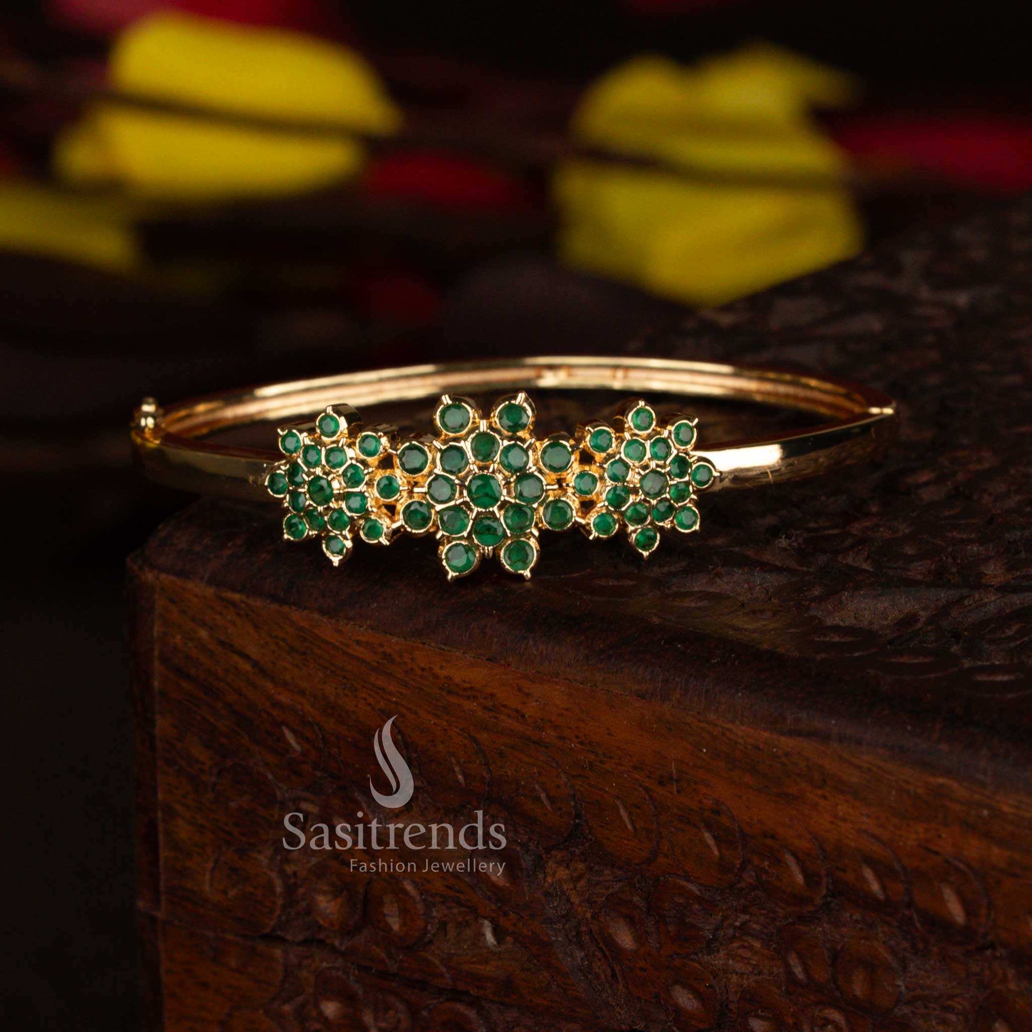 Luxurious Guaranteed traditional 24k micro gold plated floral american diamond green bracelet - Sasitrends