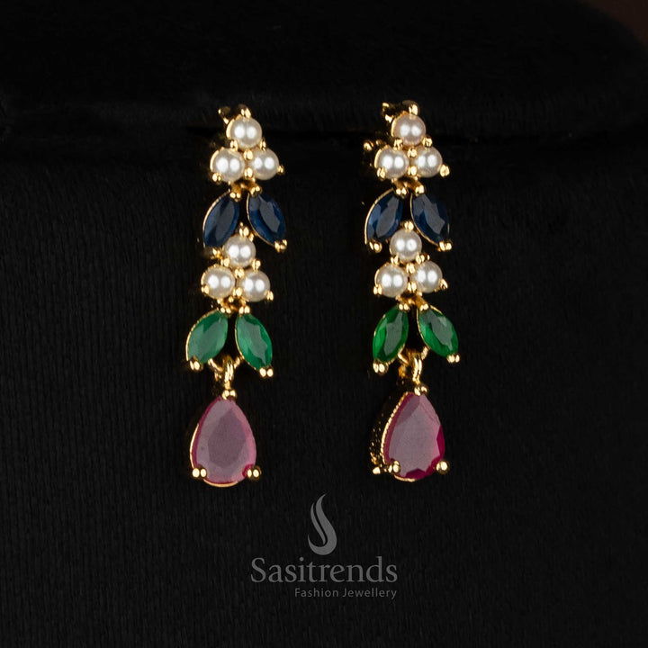 Micro gold plated American diamond pearl leaf necklace set for evening celebrations - Sasitrends
