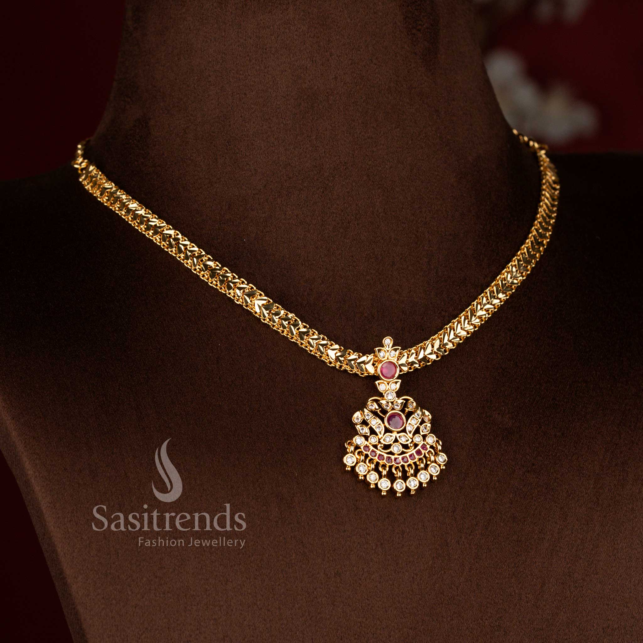 Traditional impon addigai bridal wear micro gold plated white ruby AD stone floral pendant necklace set - Sasitrends