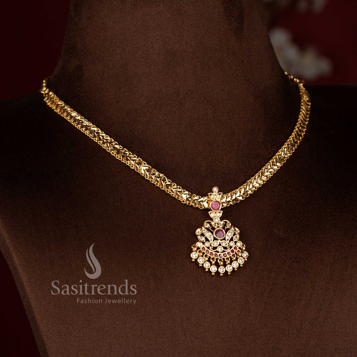 Traditional impon addigai bridal wear micro gold plated white ruby AD stone floral pendant necklace set - Sasitrends