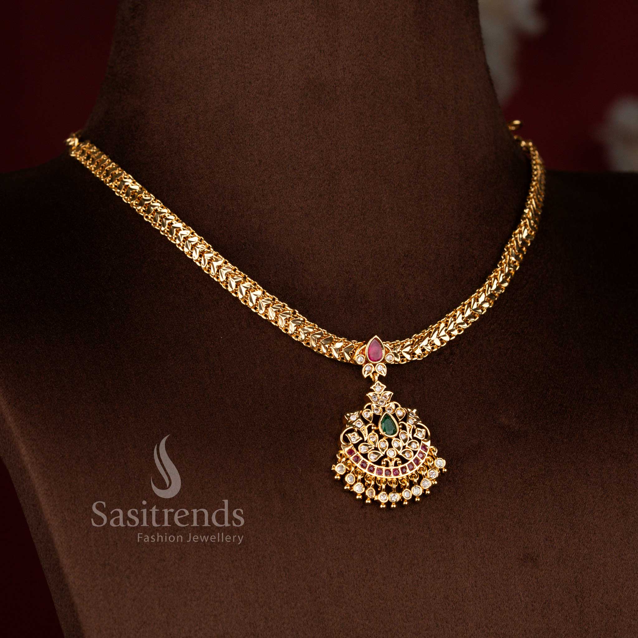 Traditional impon addigai wedding wear micro gold plated white ruby green AD stone floral teardrop pendant necklace set - Sasitrends