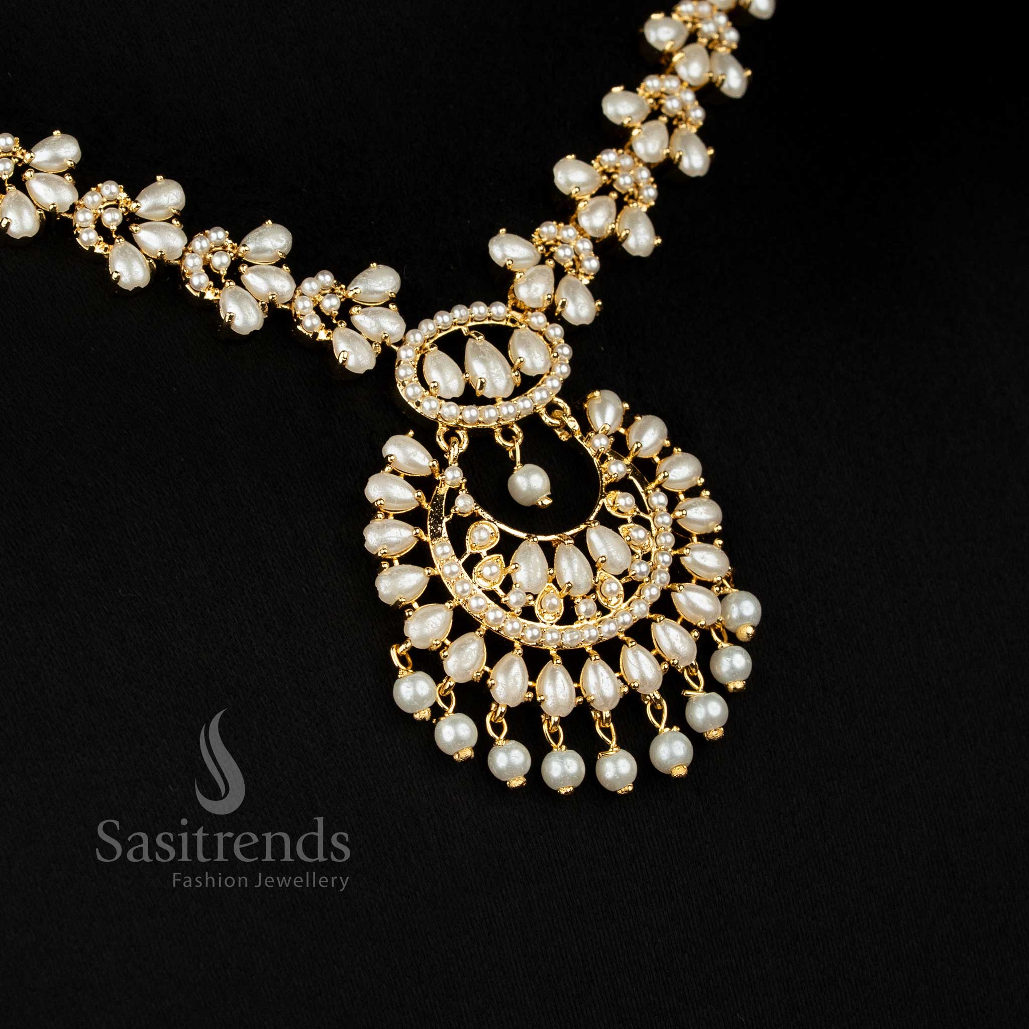 24k micro gold plated american diamond pearl floral link necklace set chandabali pendant by Sasitrends