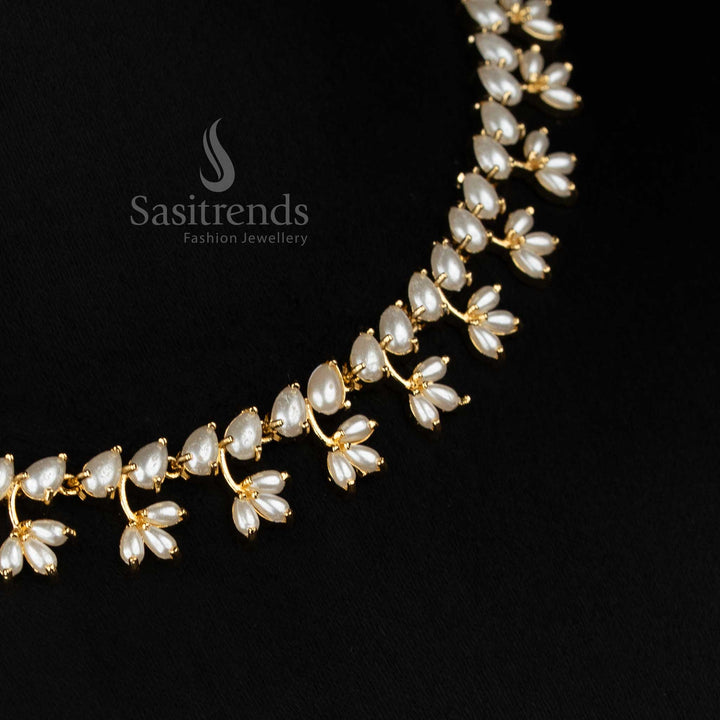 Guaranteed 24k micro gold plated american diamond pearl floral link necklace set by Sasitrends