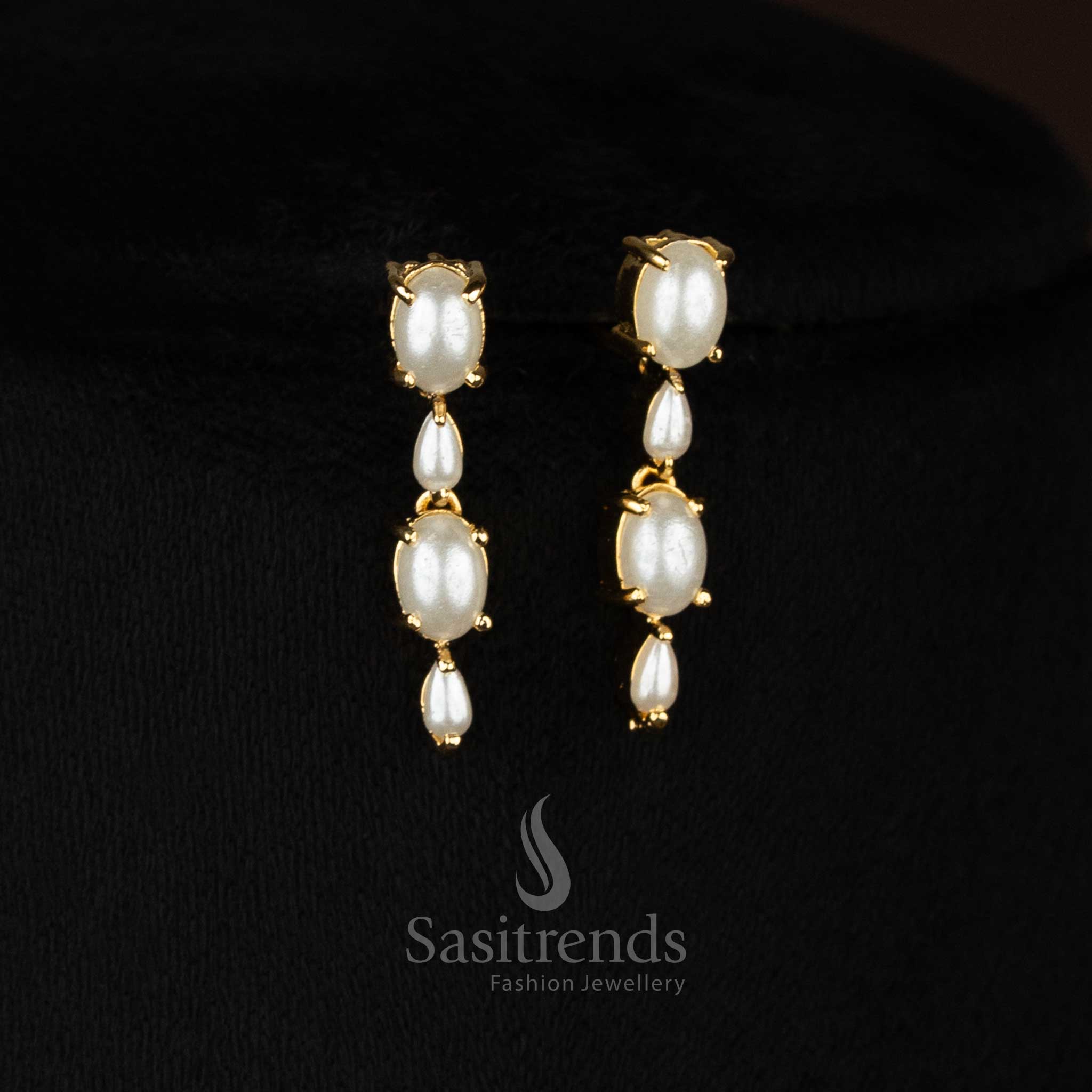 One gram 24k micro gold plated oval american diamond pearl necklace set by Sasitrends
