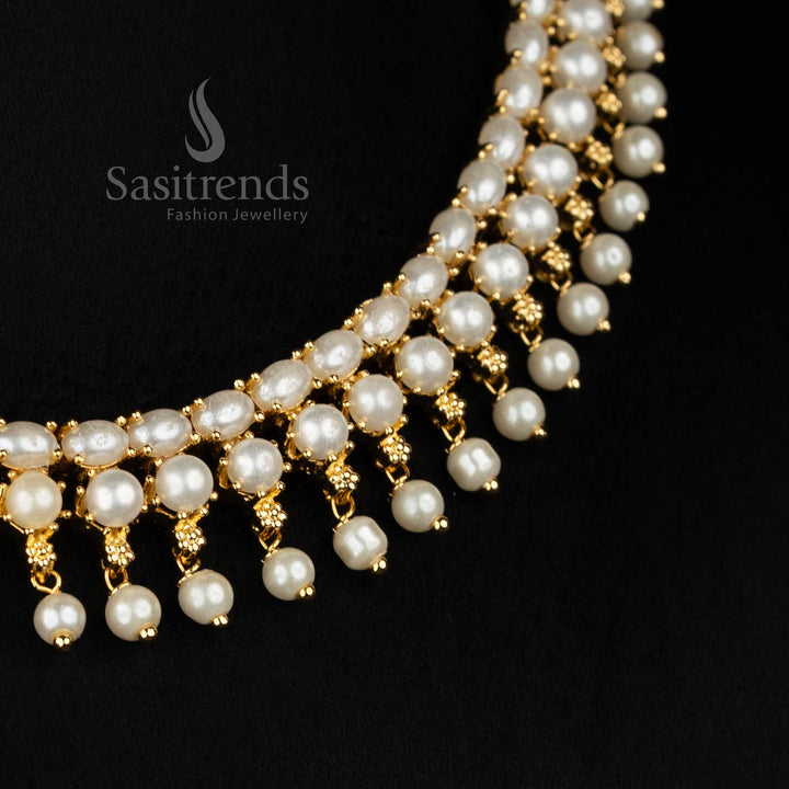 Guaranteed one gram micro gold plated american diamond pearl fringe necklace set by Sasitrends