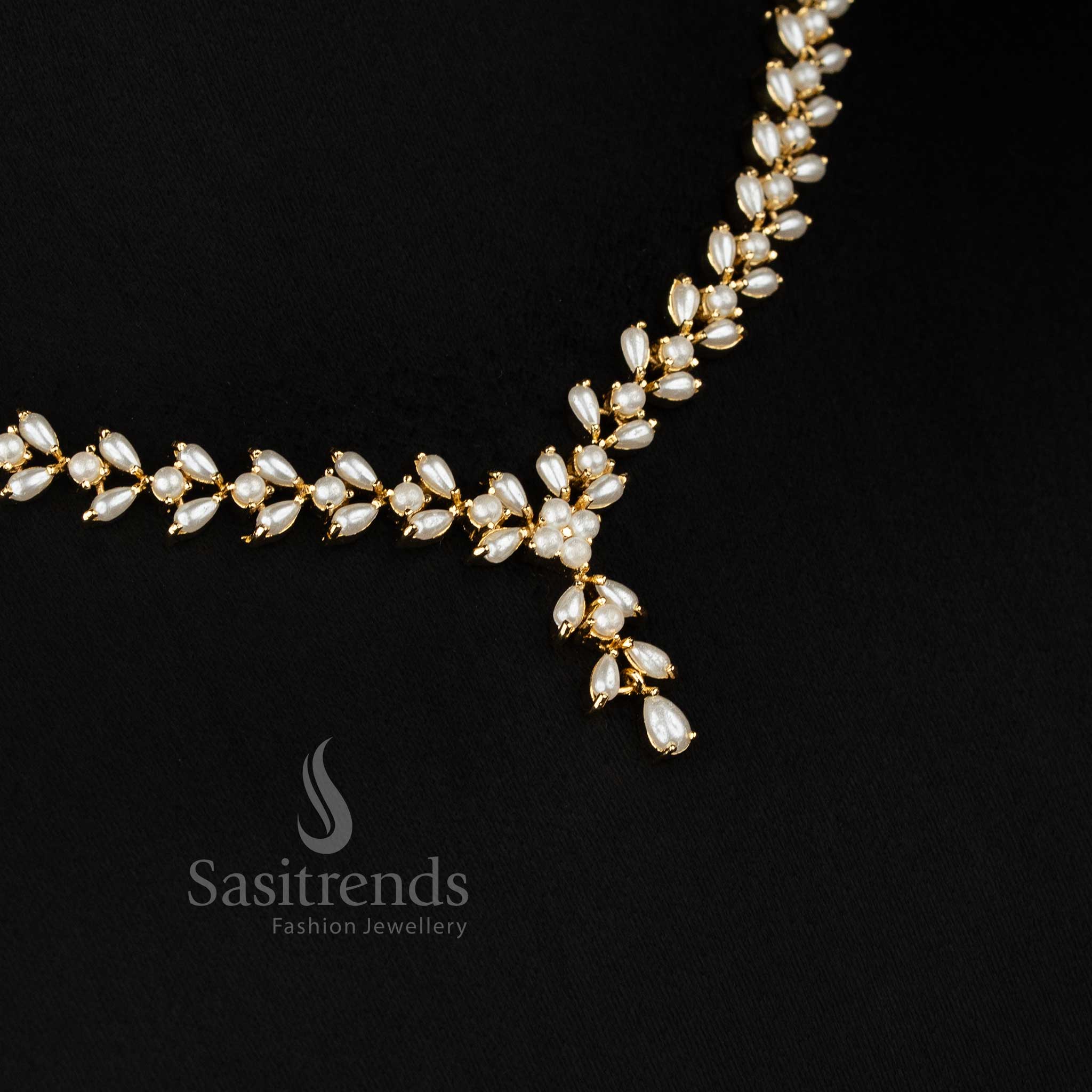 Real gold look alike 24k micro gold plated  pearl leaf motif necklace set by Sasitrends