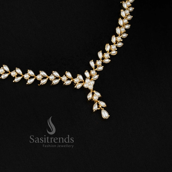 Real gold look alike 24k micro gold plated  pearl leaf motif necklace set by Sasitrends