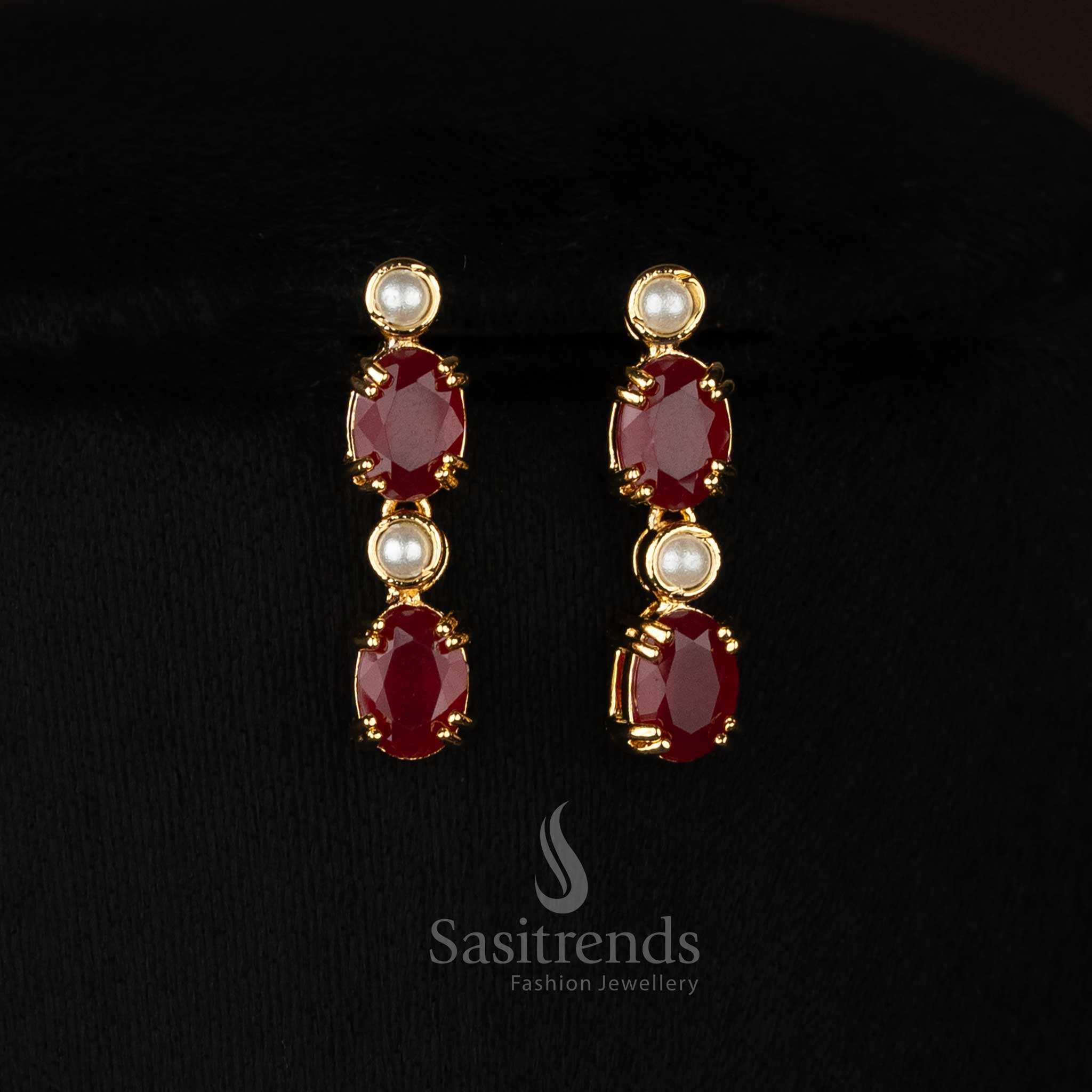 Prettiest Festive wear one gram micro gold plated american diamond pearl Round and Oval Teardrop motif ruby necklace set by Sasitrends