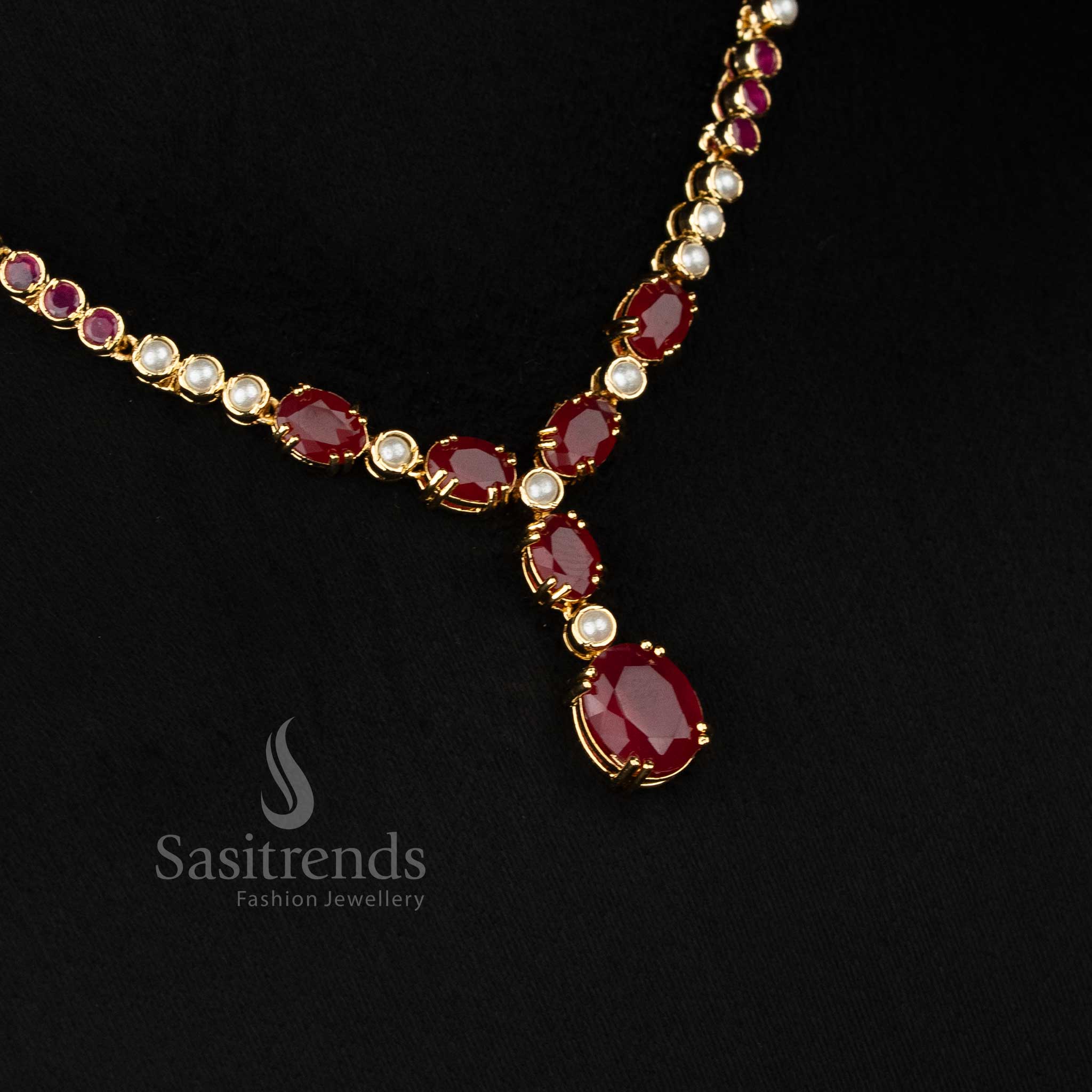 Engagement and party wear micro gold plated american diamond pearl Round and Oval Teardrop motif ruby necklace set by Sasitrends, Look like real gold