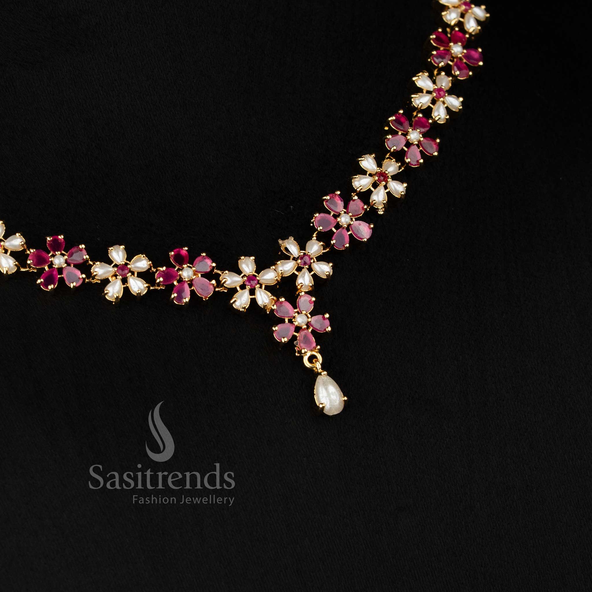 One gram micro gold plated american diamond pearl Floral motif ruby green necklace set by Sasitrends, festive wear jewellery