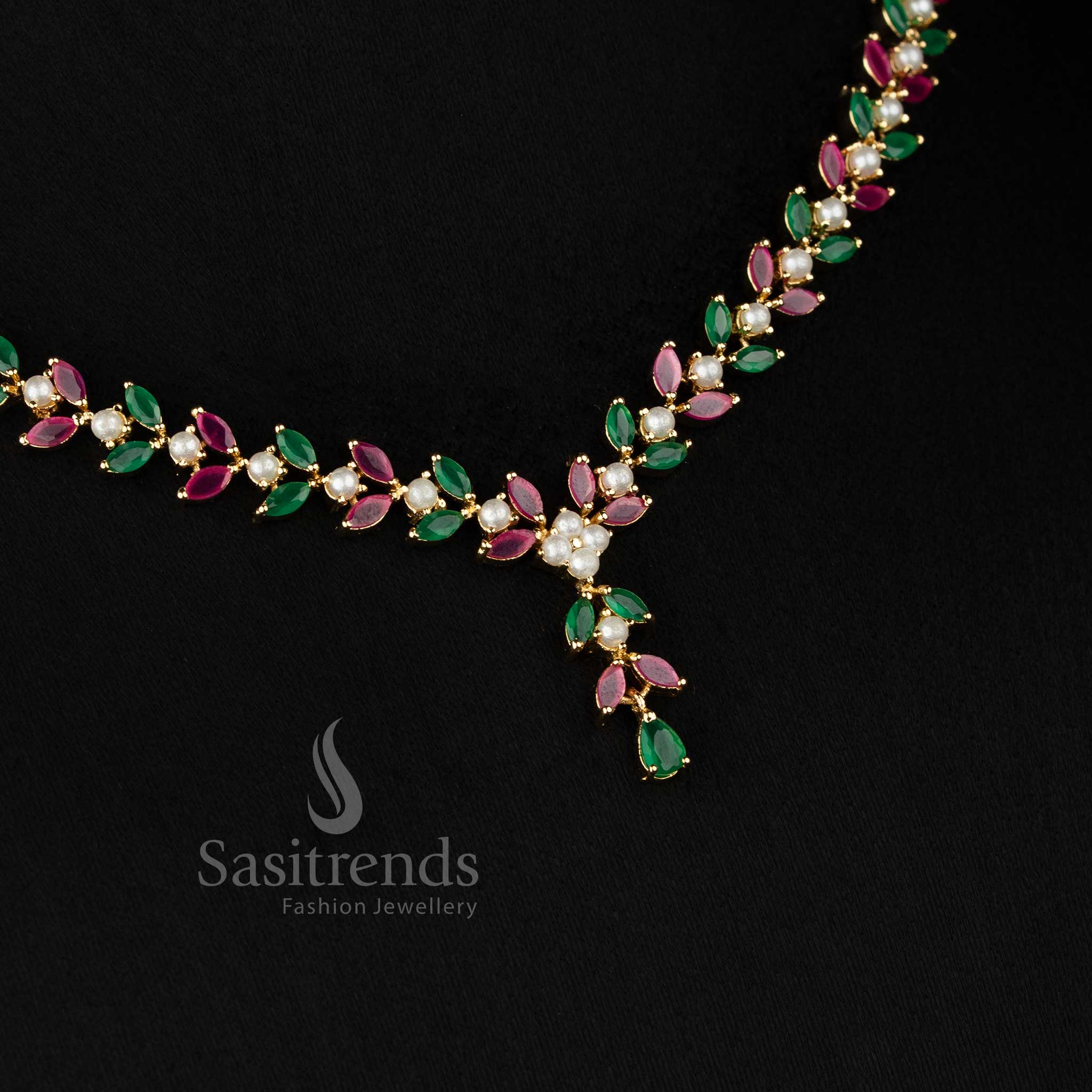 One Gram micro gold plated american diamond pearl leaf motif ruby green necklace set by Sasitrends