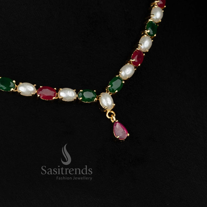 Elegant party wear micro gold plated american diamond pearl oval link teardrop dangler ruby green necklace set by Sasitrends