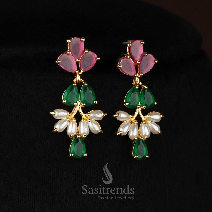 Reception legange wear 24k micro gold plated american diamond pearl floral link ruby green necklace set by Sasitrends