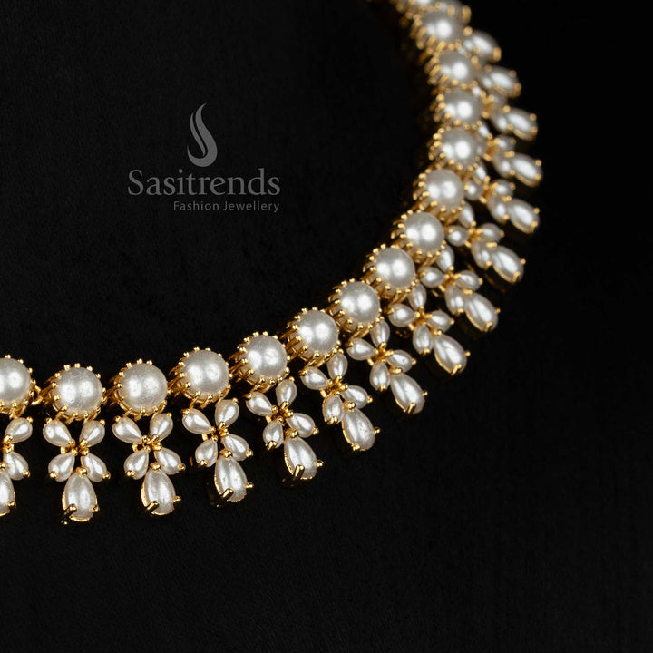 Guaranteed 24k Micro gold plated pearl floral necklace jewellery set with teardrop pearl drops - Sasitrends