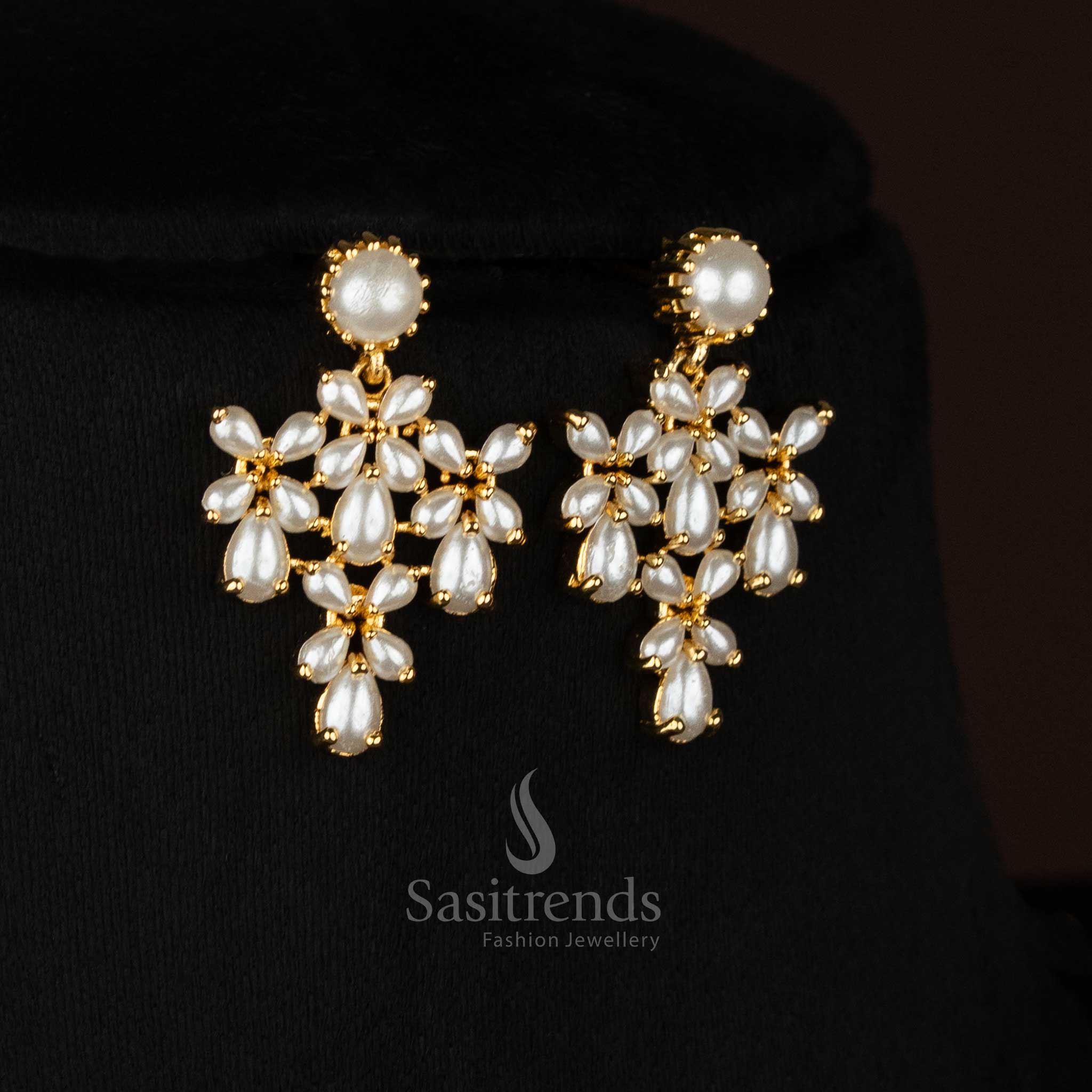 Attractive wedding Micro gold plated pearl floral necklace set with teardrop pearl drops - Sasitrends