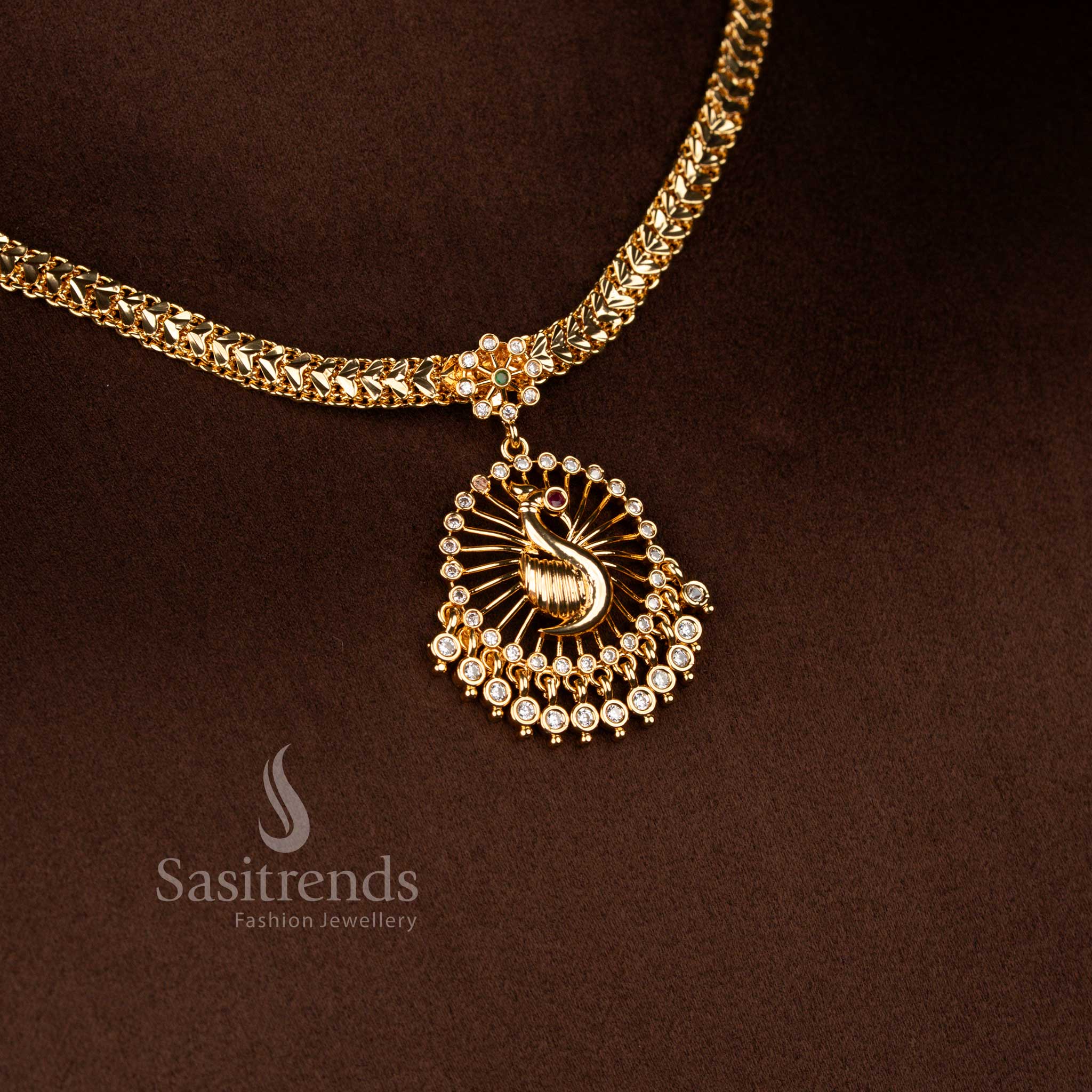 Traditional impon addigai 24k wedding wear micro gold plated white ruby green AD stone peacock pendant necklace set - Sasitrends