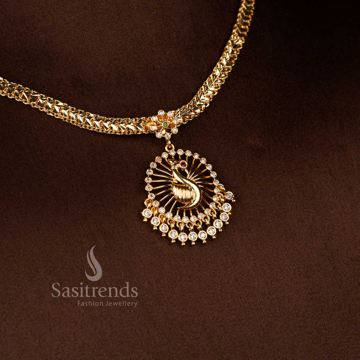 Traditional impon addigai 24k wedding wear micro gold plated white ruby green AD stone peacock pendant necklace set - Sasitrends