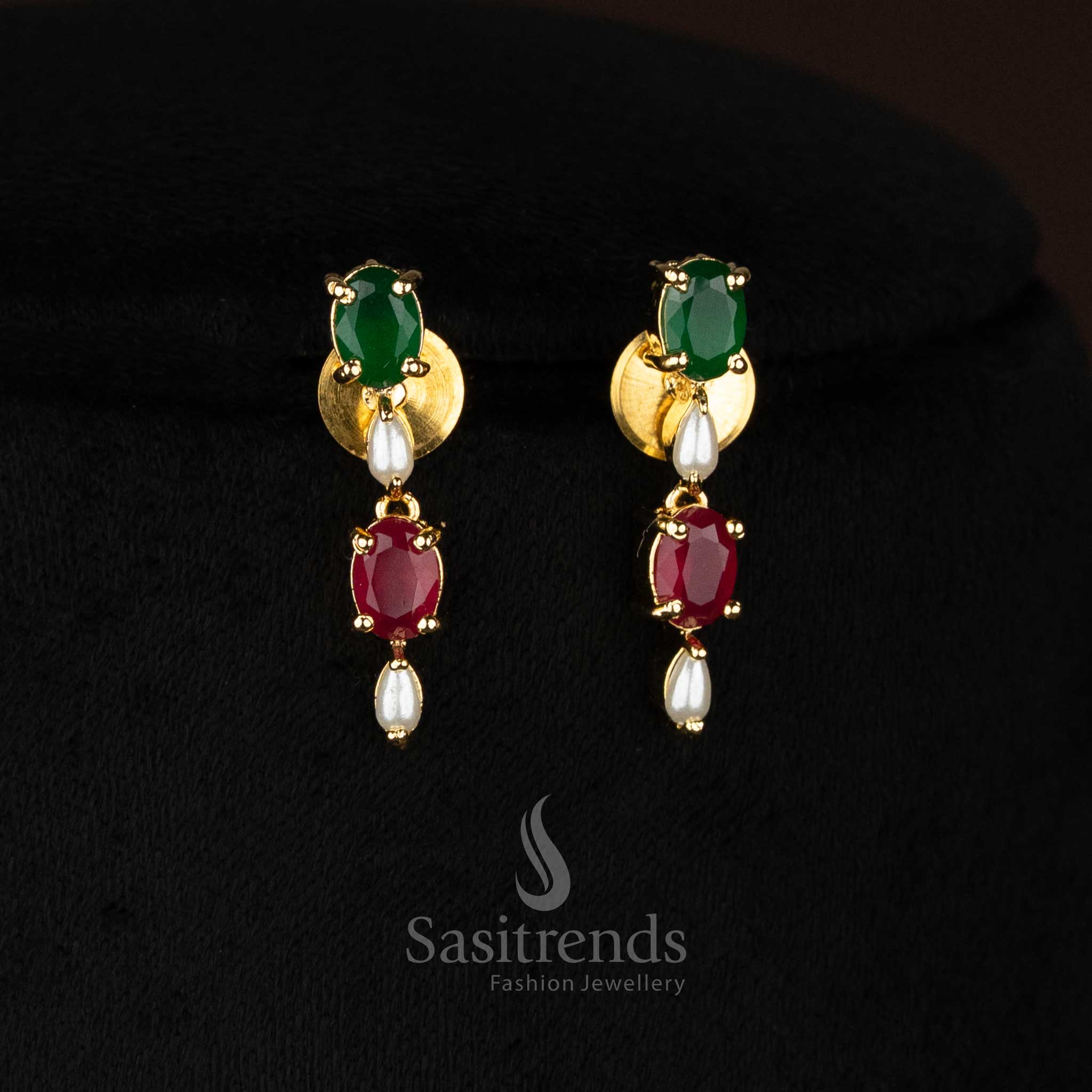 Feative wear 24k micro gold plated oval american diamond pearl ruby green necklace set earrings by Sasitrends