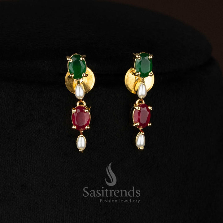 Feative wear 24k micro gold plated oval american diamond pearl ruby green necklace set earrings by Sasitrends