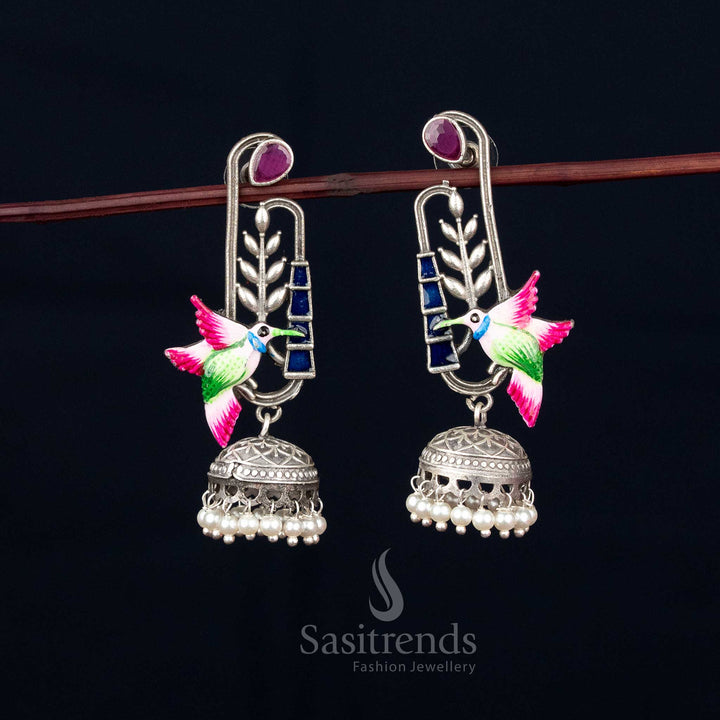 Nature symphony oxidised hummingbird and leaf dangler jhumka earrings with pearl drops for Navaratri styling – Sasitrends