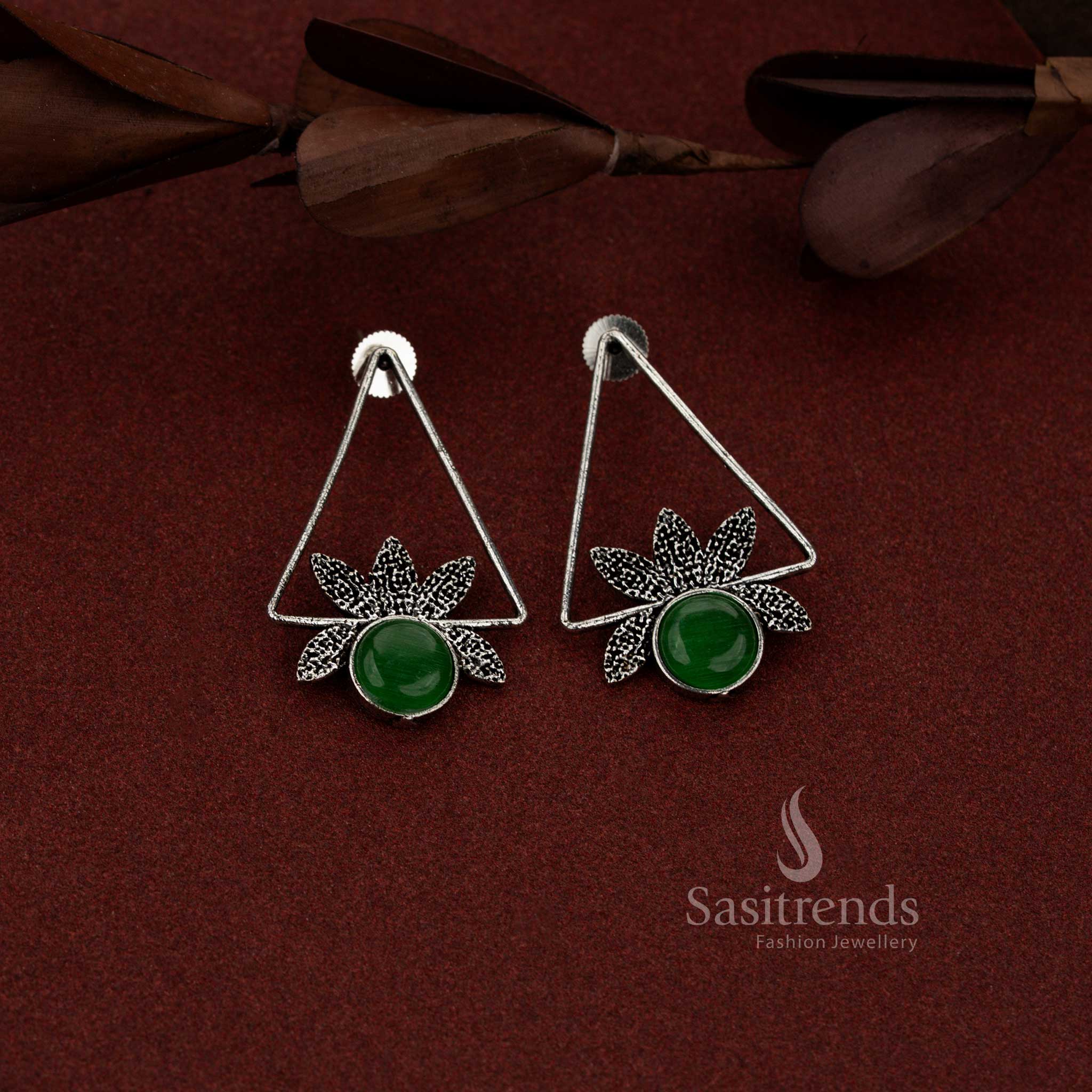 Handcrafted look oxidised triangle earrings with round green stone detailing for everyday and party wear