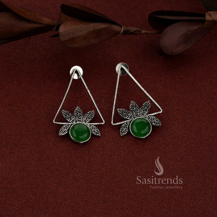 Handcrafted look oxidised triangle earrings with round green stone detailing for everyday and party wear