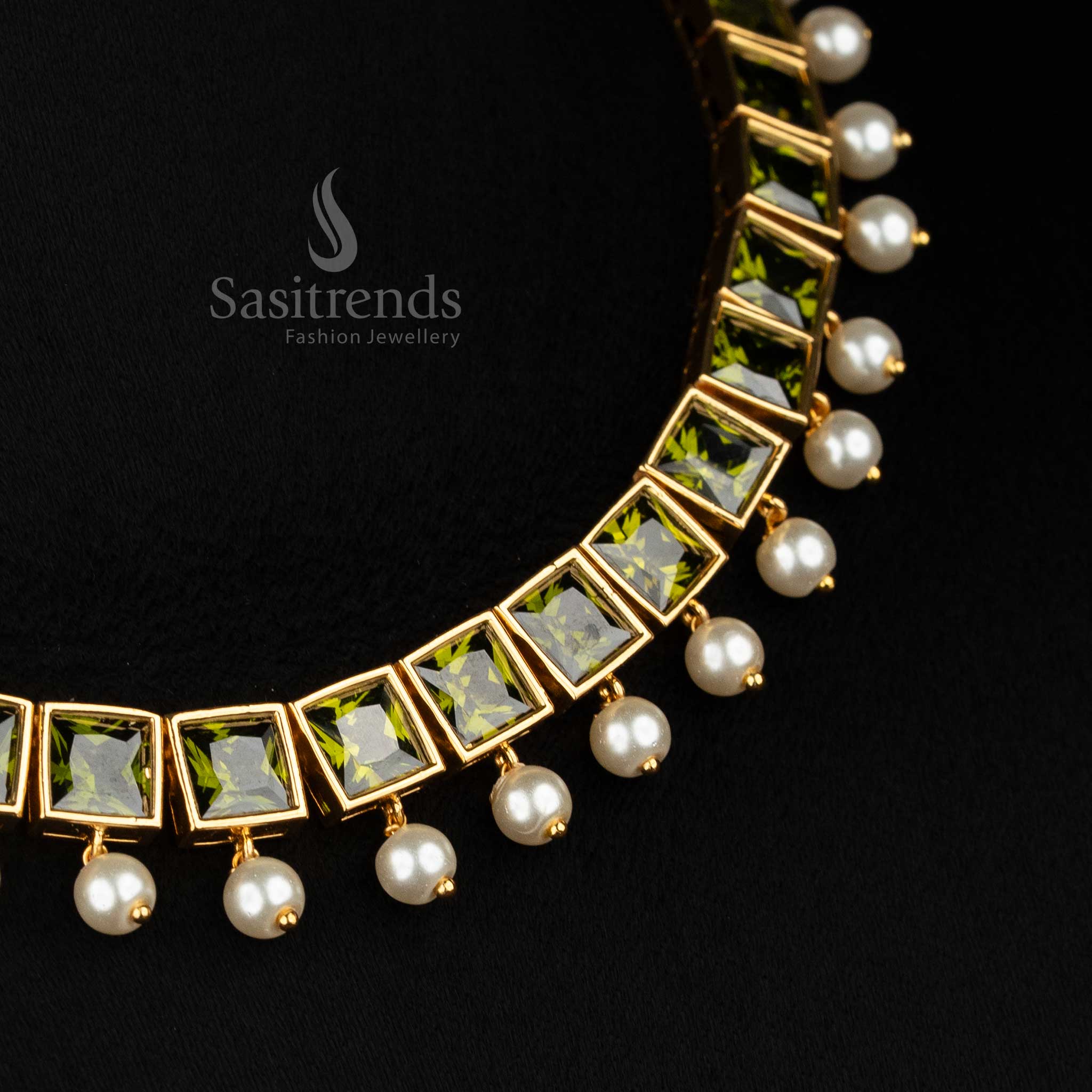  BIG henna-green square AD necklace with pearl drops suitable for festive royalty and classic charm – Sasitrends