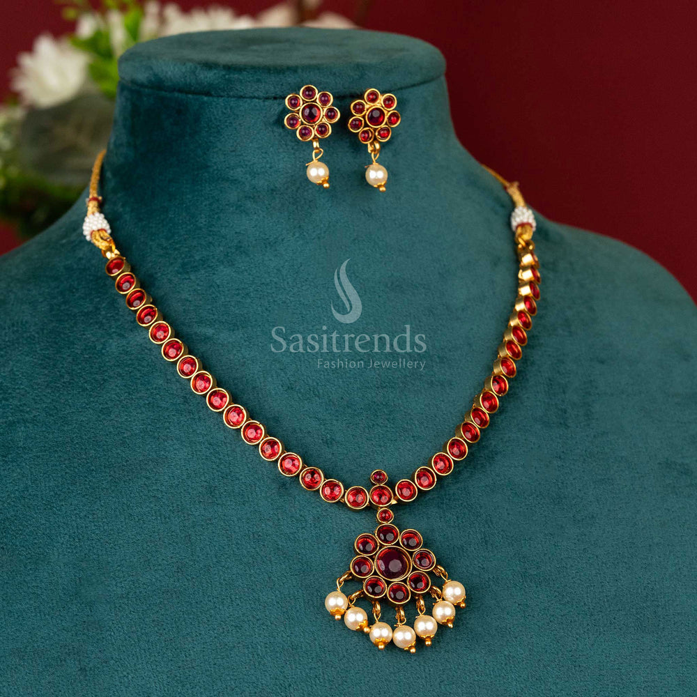 Ruby Kemp temple necklace with pearl borders in matte gold – a timeless touch of South Indian elegance in jewellery – sasitrends